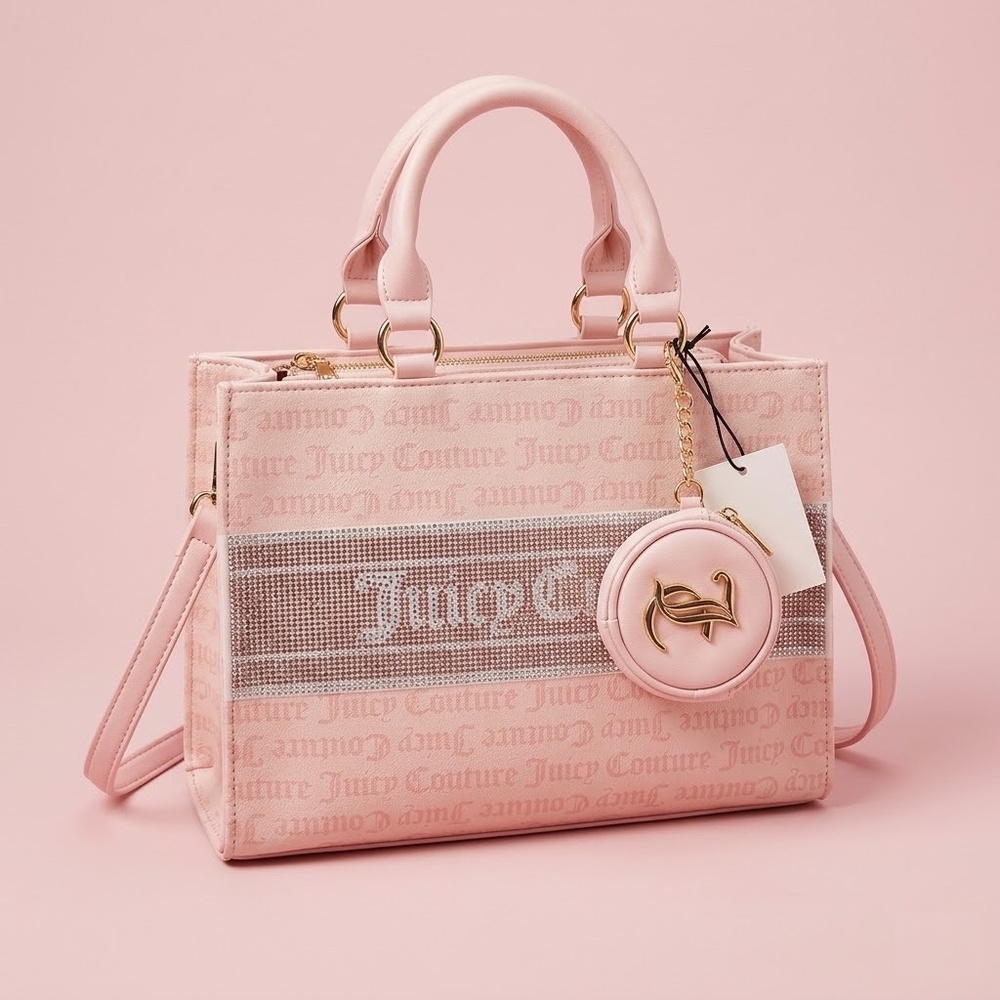 NWT TikTok Viral Juicy Couture Light Pink & White Bling Tote Bag w/ Pouch